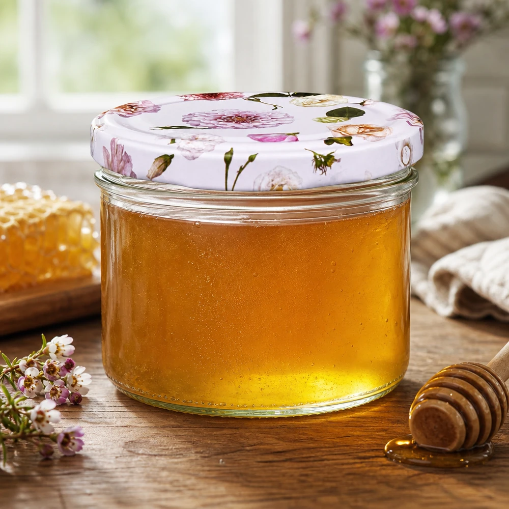 Honigglas 230ml mit BasicSeal Deckel Blume rosa - goldener Honig mit Honiglöffel und Waben in Küche