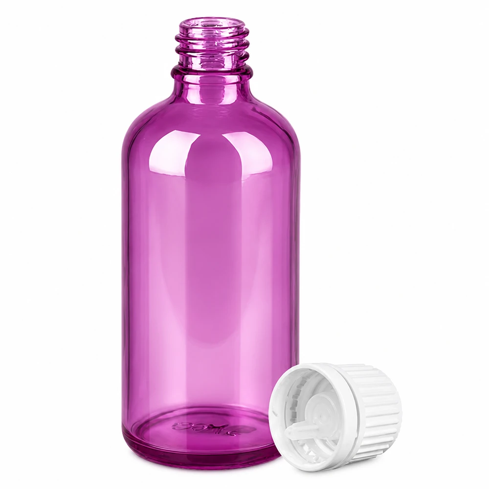 100ml lahvička s kapátkem 0,7mm bílé sklo Originality šroubovací uzávěr PurpleLine UT18/100 Ovale 100ml Tropfflasche lila transparent mit weißem Dosieraufsatz für Laboranwendungen