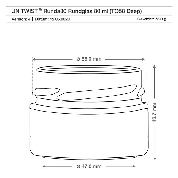 Kulatá sklenice o objemu 80 ml bez víčka (TO58deep) UNiTWIST UNiTWIST Rundglas 80ml TO58 Deep mit Abmessungen 56mm Durchmesser und 43,7mm Höhe technische Zeichnung