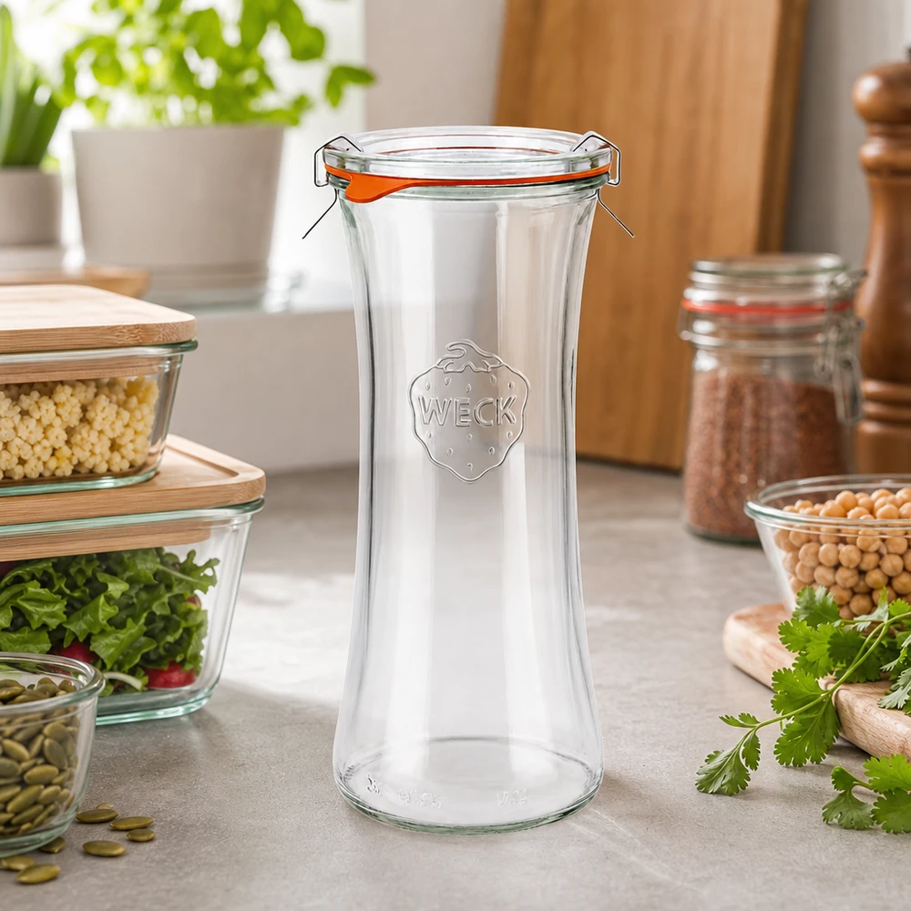 700ml lahůdková sklenice kompletní WECK RR80 WECK 700ml Delikatessenglas RR80 leer mit Deckel in moderner Küche zwischen Vorratsgläsern und frischen Kräutern
