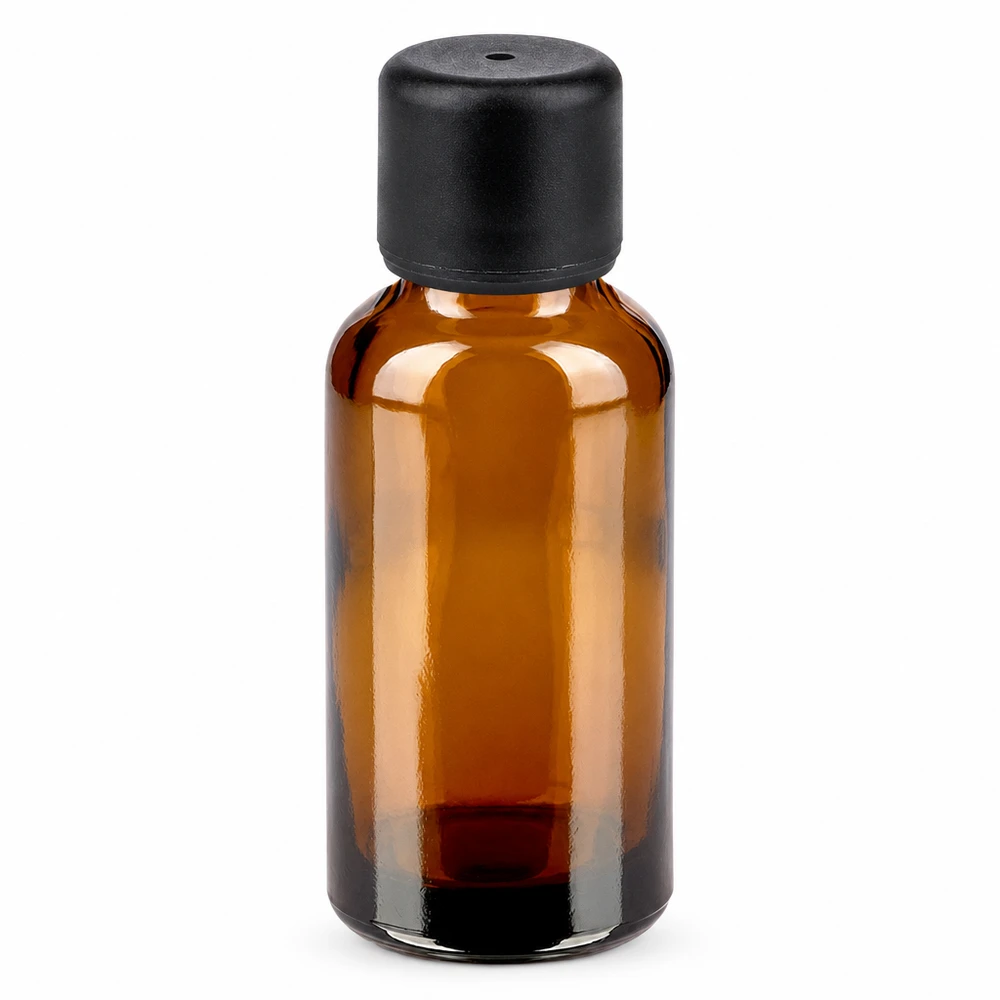 30ml láhev 6mm šroubovací uzávěr černá Standard BrownLine UT18/30 30ml Braunglasflasche mit schwarzem Schraubdeckel für Aromatherapie und Naturkosmetik