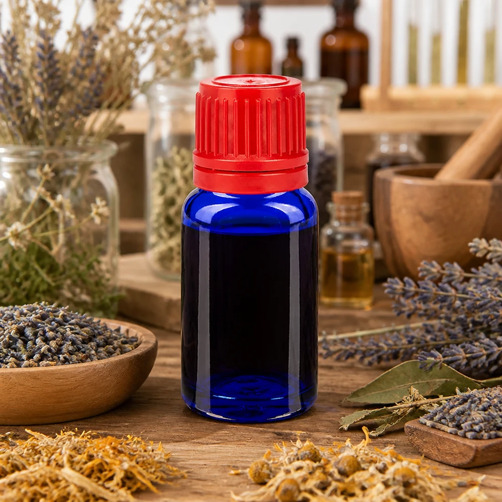 10ml lahvička 11mm šroubovací uzávěr červená BlueLine UT18/10. 10ml Präzisionsflasche BlueLine Serie mit kindersicherem rotem Verschluss für Laboranwendungen