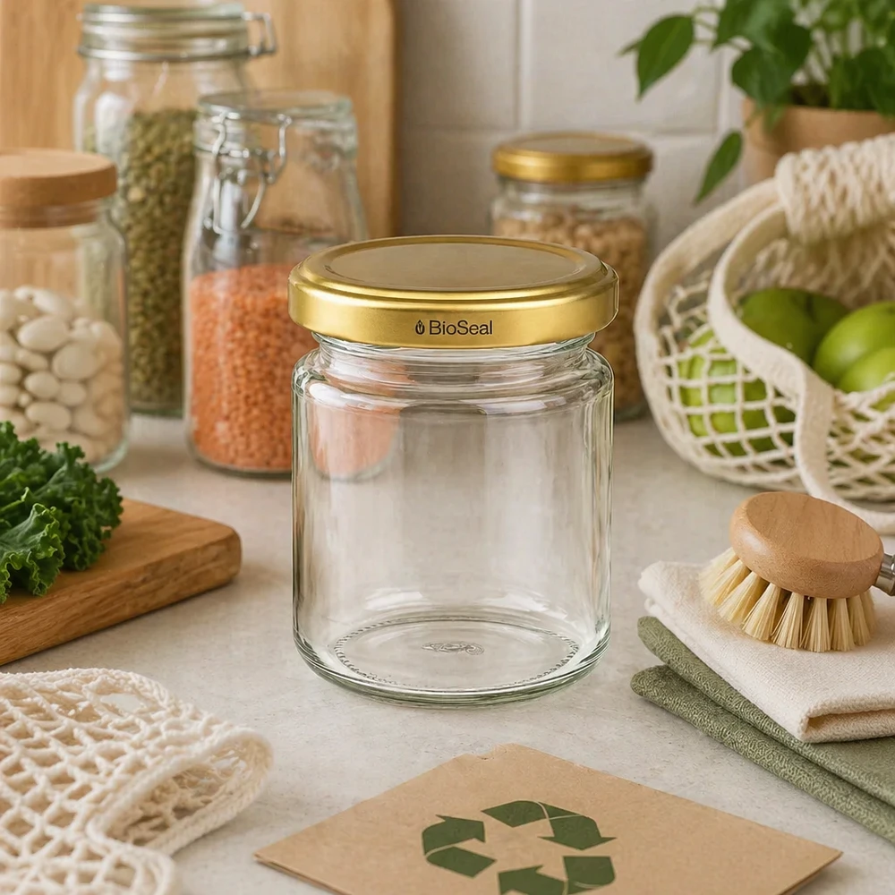 Kulatá dóza o objemu 53 ml se zlatým víčkem UNiTWIST BioSeal. UNiTWIST Runda53 Einmachglas mit goldenem TO43 BioSeal Deckel in nachhaltiger Küche mit Recycling-Symbol