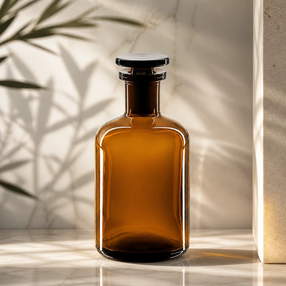 Láhev s kulatým ramenem 100ml hnědá s úzkým hrdlem skleněná zátka Dunkle Glasflasche 100ml Enghals Rundschulter mit Stopfen für Tinkturen und Extrakte