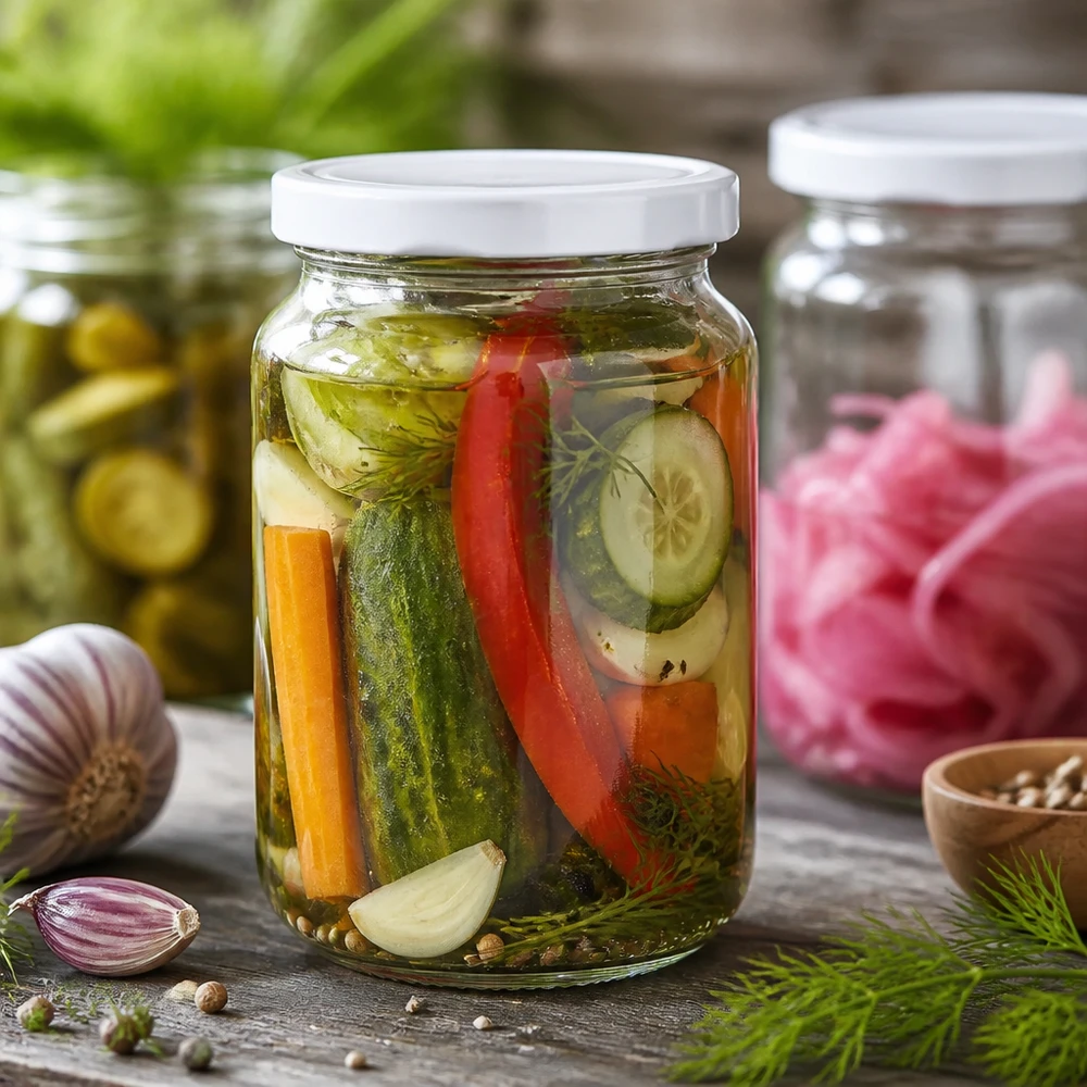 382ml kulatá sklenice s víčkem BasicSeal bílá UNiTWIST 382ml UNiTWIST Rundglas mit weißem BasicSeal Deckel gefüllt mit eingelegtem Mischgemüse Karotten Paprika Zwiebeln