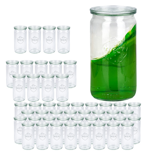 Sada 48 zavařovacích sklenic Weck o objemu 340 ml ve tvaru válce se 48 skleněnými víčky. Sada 48 zavařovacích sklenic Weck o objemu 340 ml ve tvaru válce se 48 skleněnými víčky.