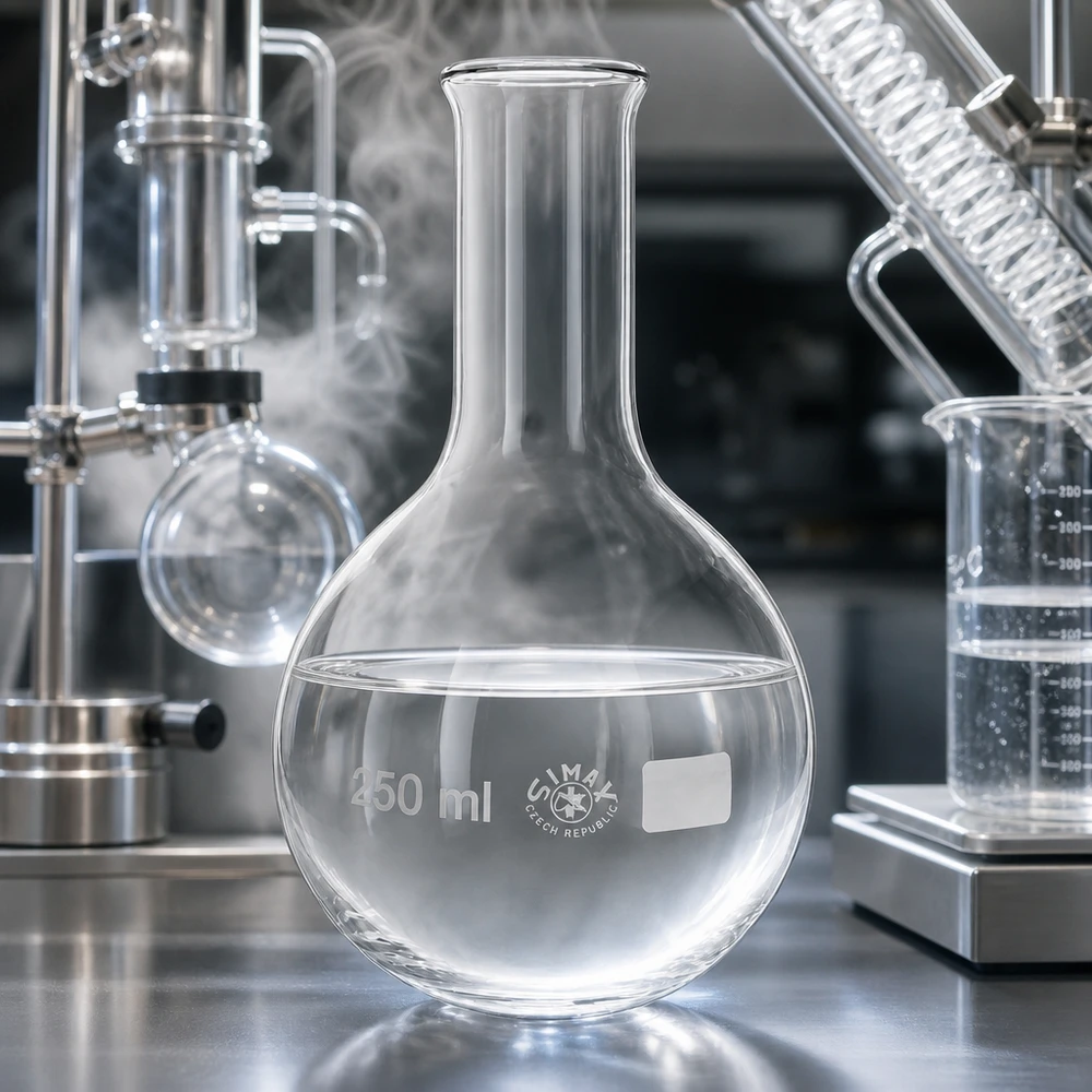 Baňka s úzkým hrdlem 250ml Professioneller Glaskolben 250ml Enghals zwischen modernen Laborgeräten und Apparaturen