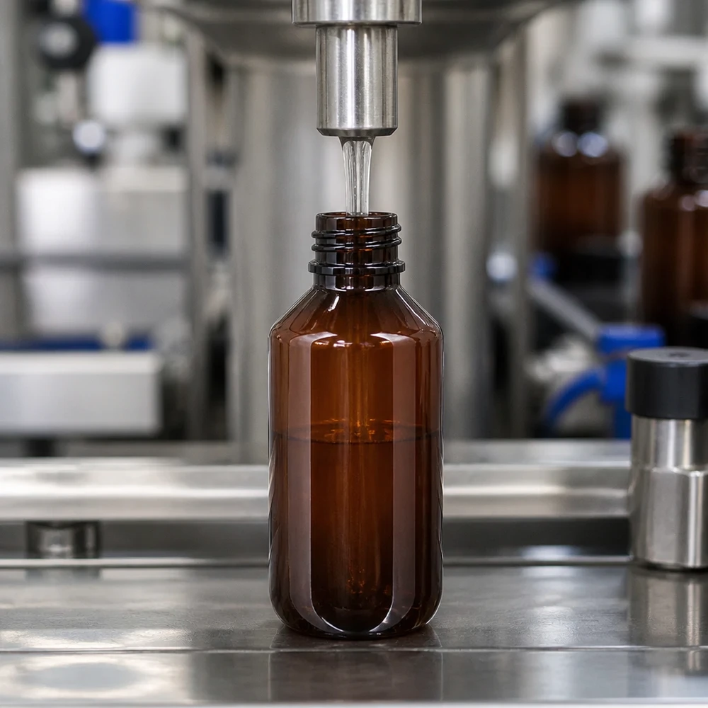 PET láhev 200ml s dávkovací pumpičkou černá Automatická plnicí linka plní jantarově zbarvené 200ml PET láhve s černým šroubovacím uzávěrem