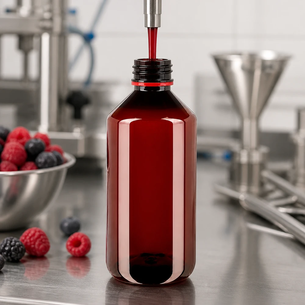 Hnědá PET láhev o objemu 750 ml s červeným originálním uzávěrem se plní ovocným džusem