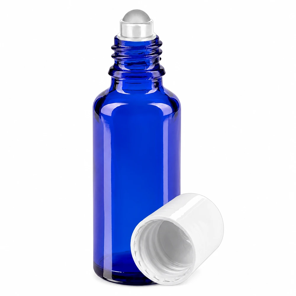 Lékárenská lahvička modrá 30ml roll-on s uzávěrem bílá Blaue 30ml Rollflasche aus UV-Schutz Apothekerglas mit Edelstahlkugel weiß