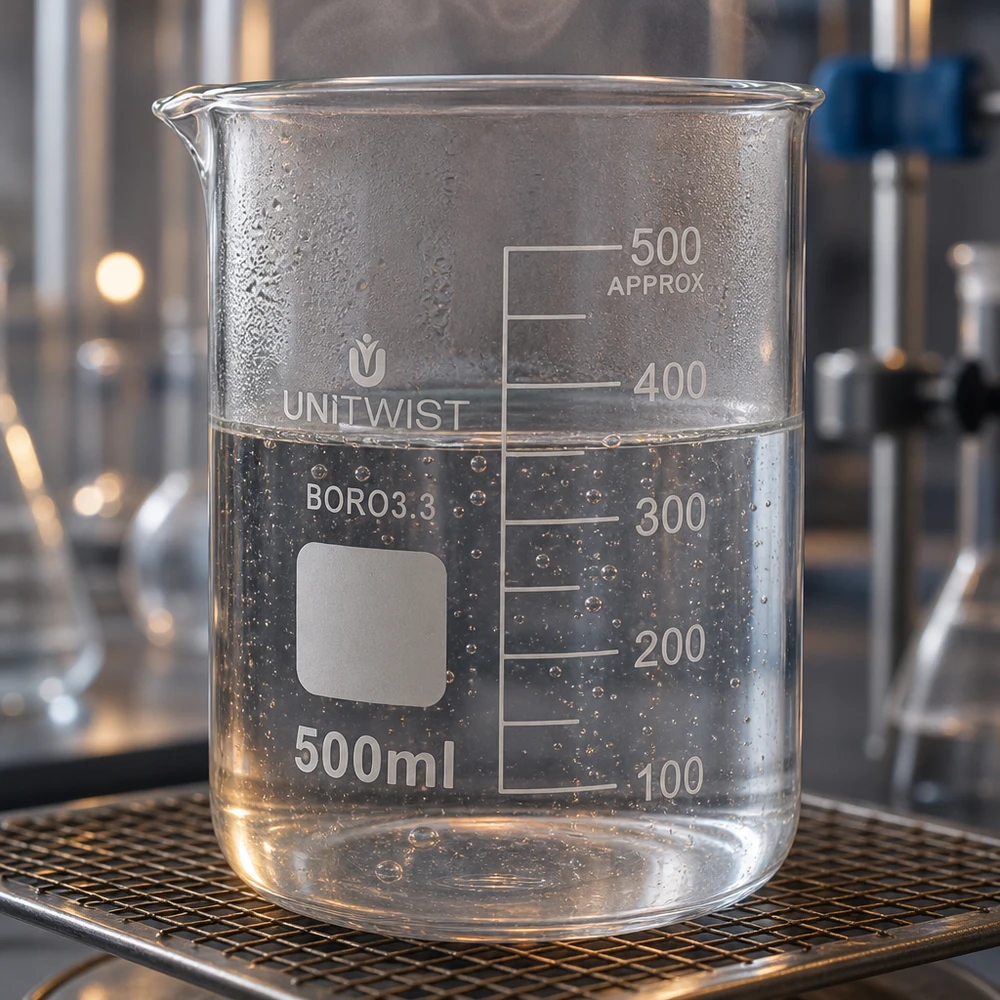 Kádinka 500 ml borosilikátová, nízká forma UNiTWIST Klarglas Becherglas 500ml UNiTWIST BORO3.3 mit Ausguss und Blasenbildung im Laboraufbau