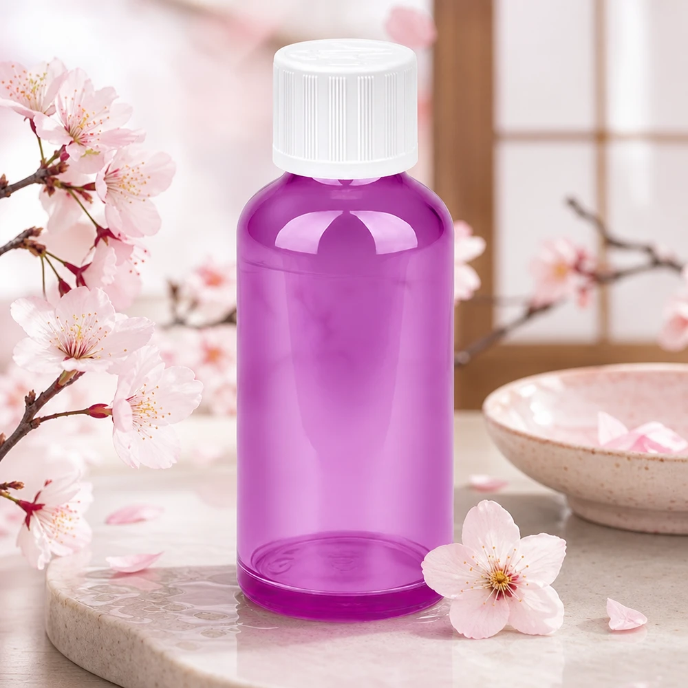 50ml láhev PurpleLine UT18/50 se šroubovacím uzávěrem 11mm bílá standardní odolná proti otevření dětmi. Handliche 50ml Violettflasche mit gerilltem weißen Verschluss für sichere Aufbewahrung