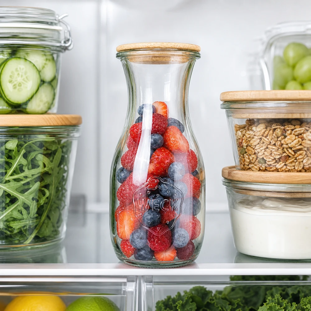 530ml láhev na džus WECK RR60 s dřevěným víčkem WECK Saftflasche 530ml RR60 mit Beeren im Kühlschrank neben Vorratsgläsern mit Gurken Salat und Nüssen