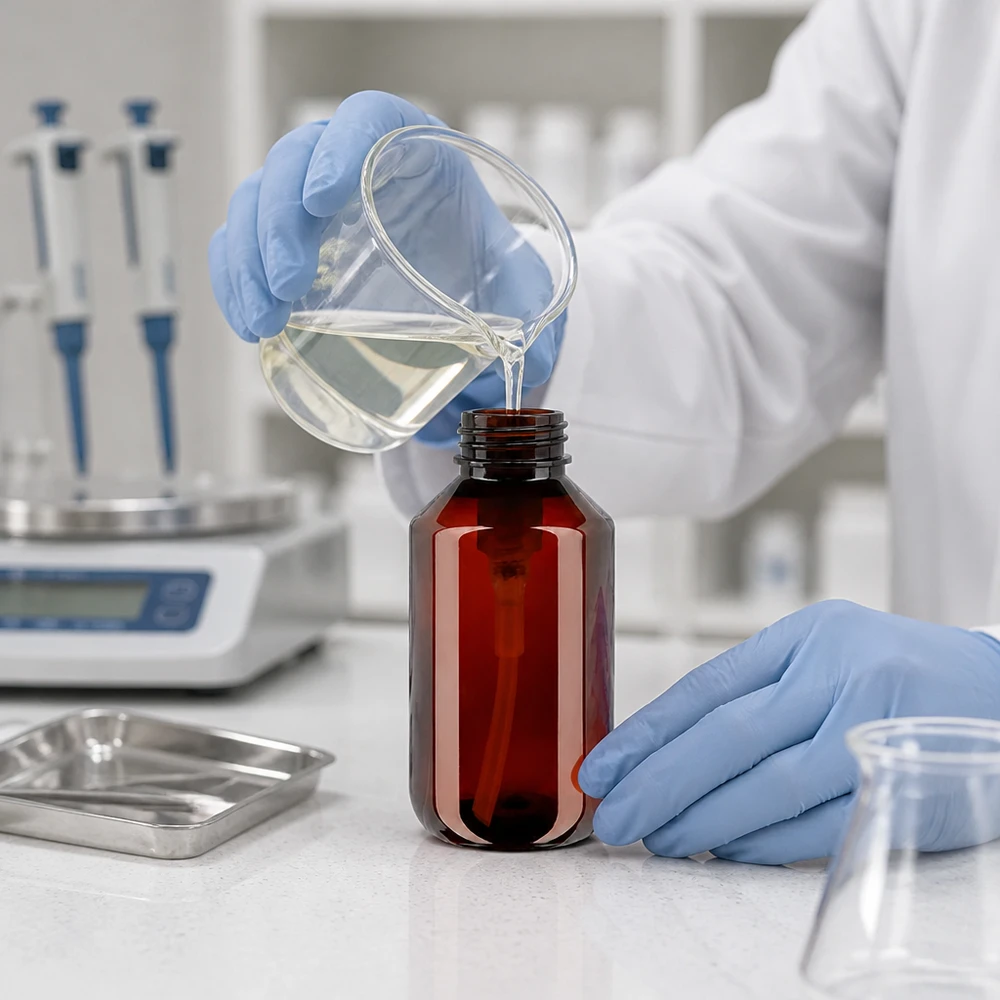 PET láhev 100ml s dávkovací pumpičkou bílá Braune PET Kunststoffflasche 100ml mit weisser Dosierpumpe im professionellen Einsatz