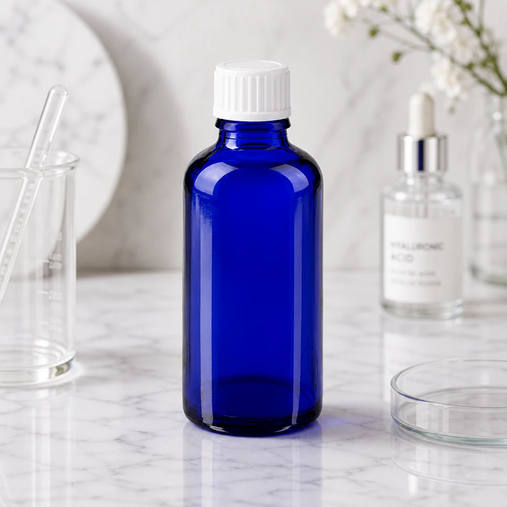 Lékárenská láhev modrá 50ml šroubovací uzávěr bílý Globuli Standard Lichtschutzflasche 50ml blau mit weißem Verschluss für Kosmetik und Pharmazeutika