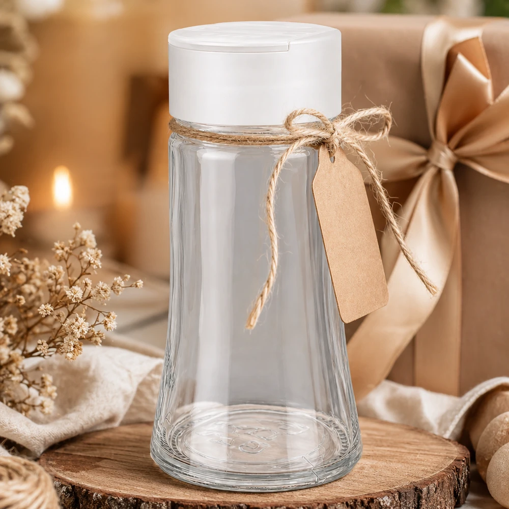 Dóza na sůl/koření 95 ml s dvojitým šejkrem bílá Kompakter Glasstreuer 95ml weißer Deckel mit Doppelstreufunktion auf rustikalem Holzuntersetzer