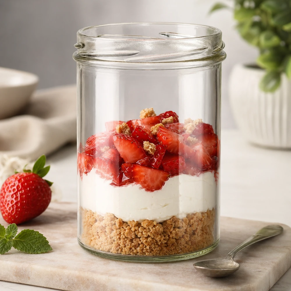 Tumbler o objemu 435 ml bez víčka (TO82) UNiTWIST UNiTWIST Sturz435 Einmachglas 435ml mit Erdbeer-Dessert Schichtdessert TO82 Gewinde für süße Nachspeisen und Parfait