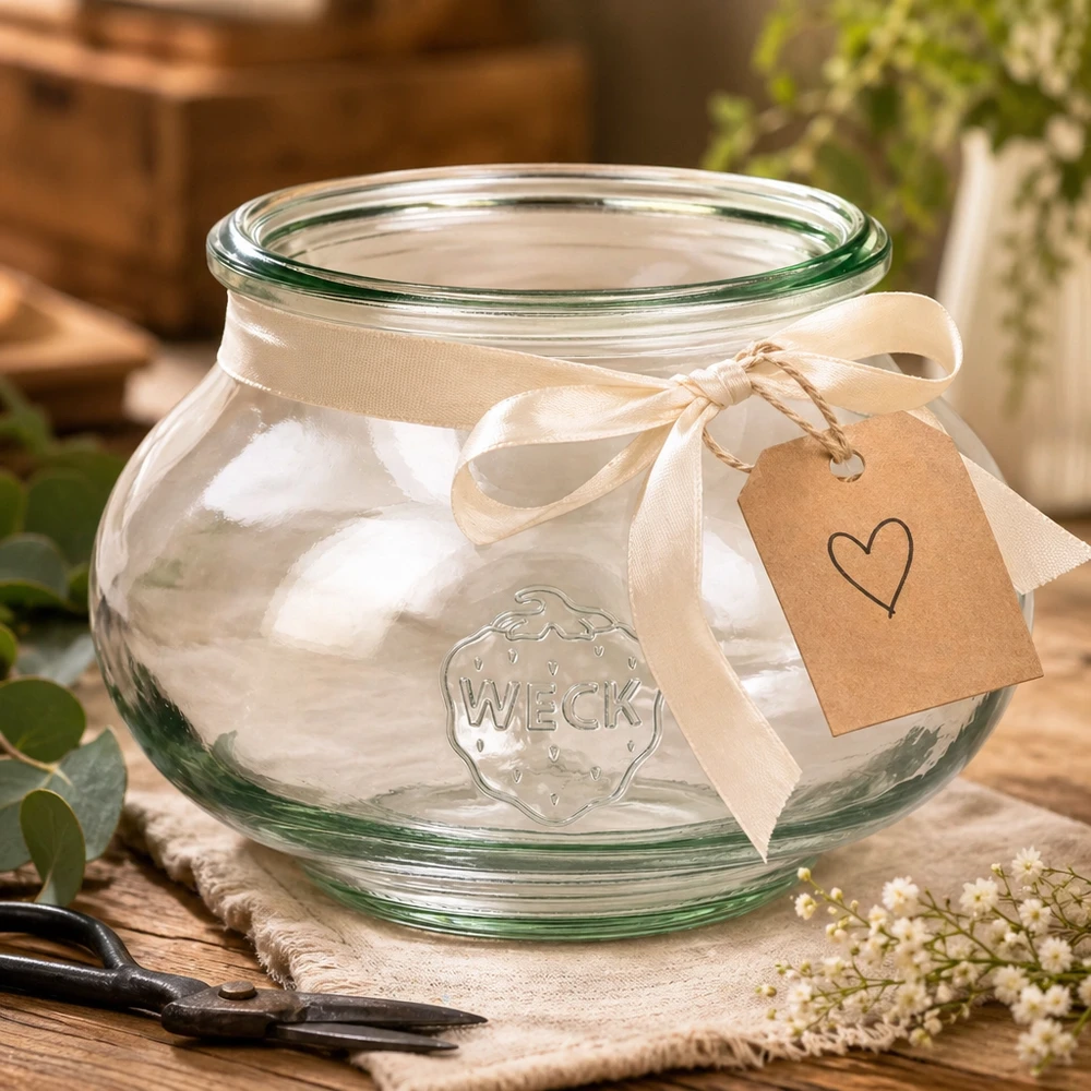 560ml dóza na šperky WECK RR80 s dřevěným dřevem WECK Schmuckglas 560ml RR80 dekorativ arrangiert mit cremefarbenem Band und Herzanhänger auf Holztisch
