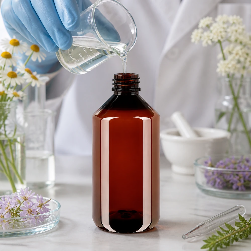 PET láhev 750ml s bílým standardním uzávěrem s možností manipulace. Hnědá kulatá lékárnická láhev z PET o objemu 750 ml je naplněna čirou kapalinou