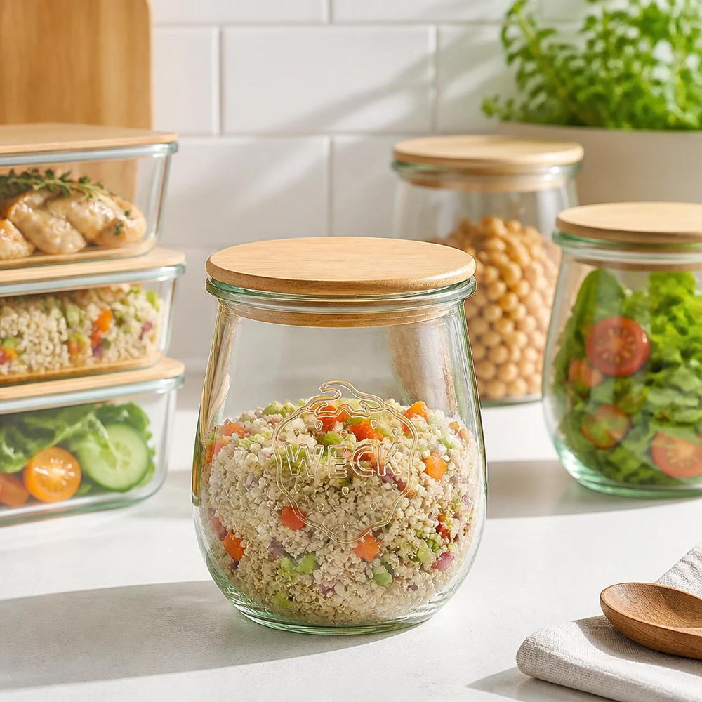 WECK Tulpenglas 220ml RR60 Holzdeckel für Meal Prep - Vorratsglas mit Quinoa-Gemüse-Salat in moderner Küche