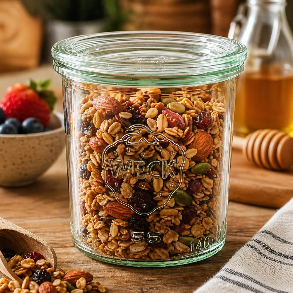 140ml zavařovací sklenice se skleněným víčkem WECK RR60 WECK Sturzglas 140ml RR60 befüllt mit Nussmischung und Trockenfrüchten als Vorratsglas in rustikaler Küche