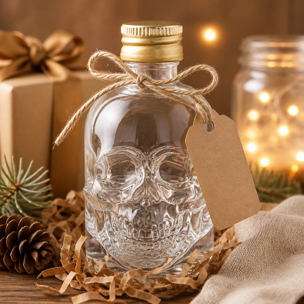 50ml Glasflasche "Hector" + Schraubverschluss gold UNiTWIST 50ml Glasflasche Hector mit markanter Totenkopf-Struktur für exklusive Spirituosen-Präsentation