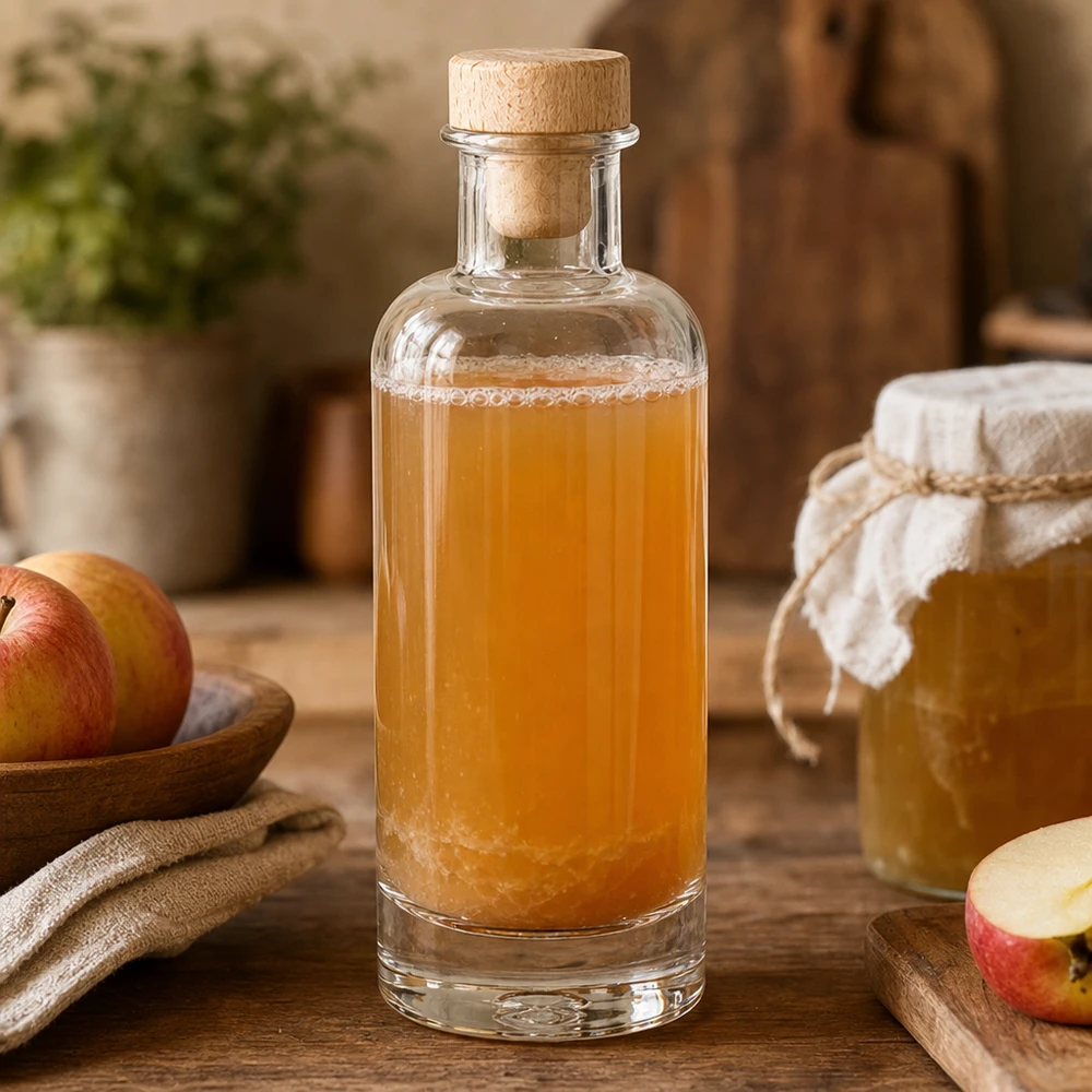 200ml Glasflasche "Ella" mit Holzgriff-Korken UNiTWIST 200ml Glasflasche Ella mit Holzkorken gefüllt mit Apfelessig neben frischen Äpfeln und Honigglas in rustikaler Küche