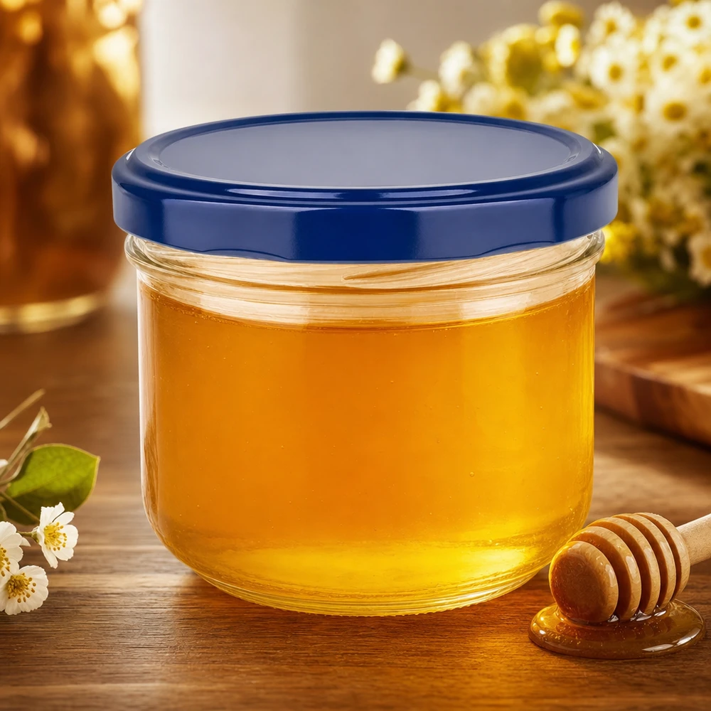 260ml tumblery + víčko BasicSeal modré UNiTWIST 260ml Sturzglas mit blauem BasicSeal Deckel gefüllt mit Honig - ideales Twist-off Glas für Marmelade und Aufstriche