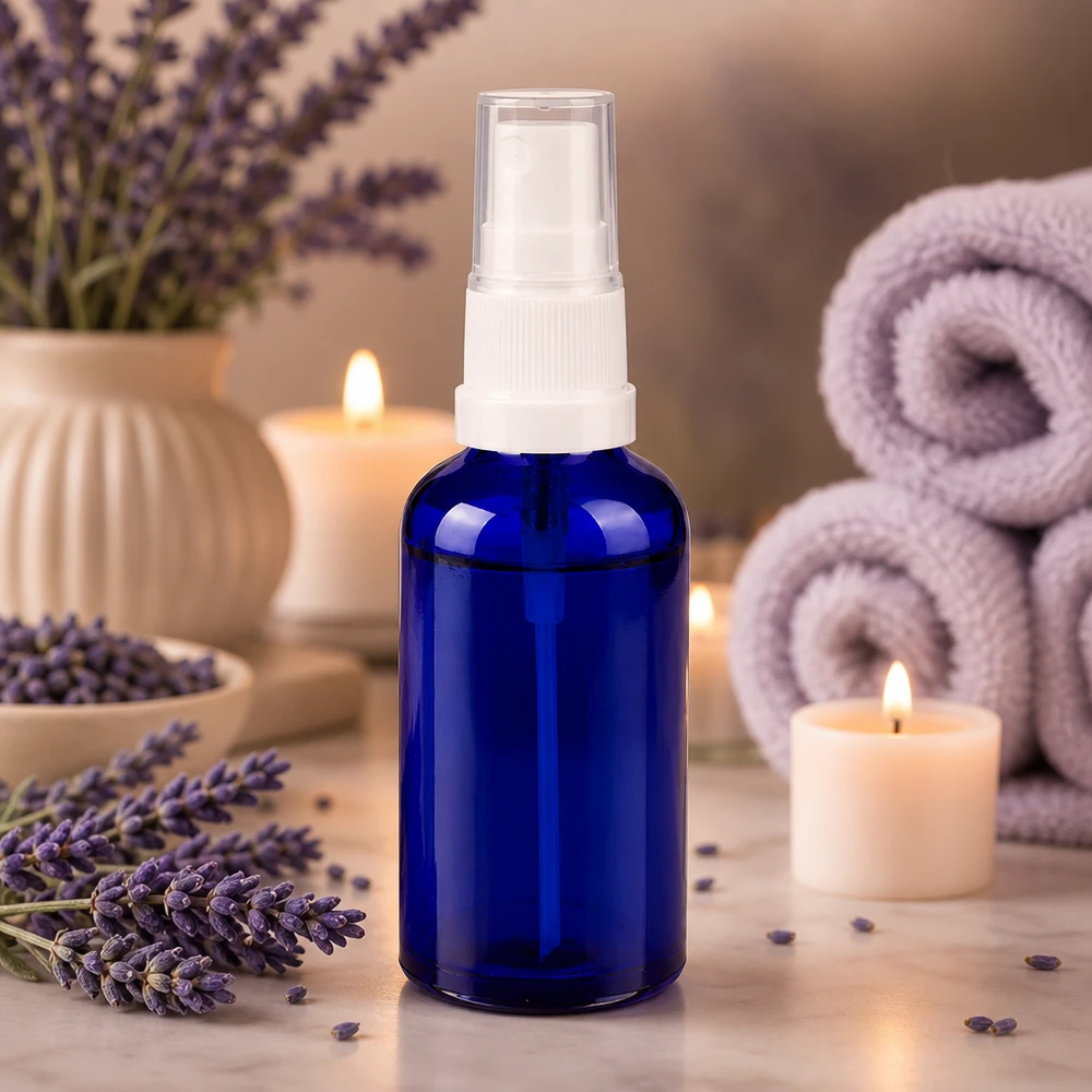 50ml lahvička s rozprašovačem bílá/transparentní standardní uzávěr BlueLine UT18/50 Professionelle Sprayflasche aus UV-schützendem Glas mit präzisem Sprühsystem 50ml