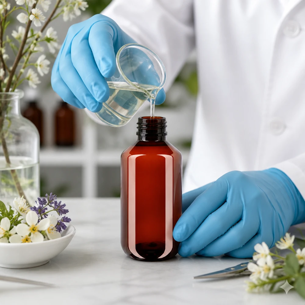 PET láhev 100ml se zeleným uzávěrem s ochranou proti manipulaci Laborant v ochranných rukavicích plní čirou kapalinu do hnědé 100ml PET láhve