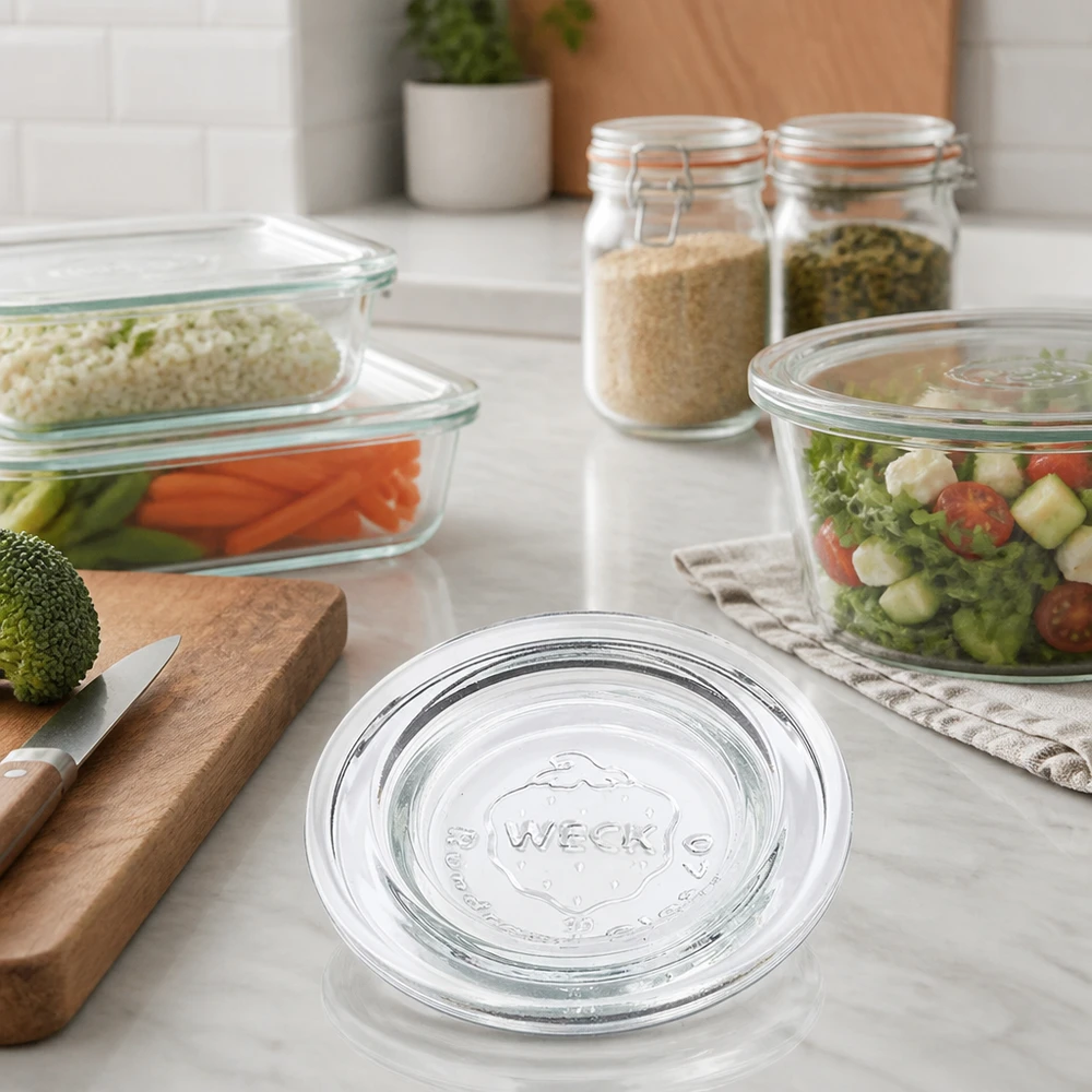 WECK Glasdeckel RR40 für Meal Prep und Vorratshaltung in moderner Küche mit Gemüse und Gewürzen