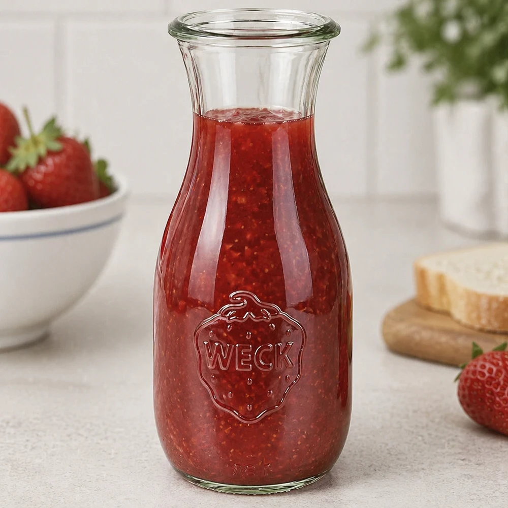 530ml láhev na džus WECK RR60 s dřevěným dřevem WECK Saftflasche 530ml RR60 mit rotem Erdbeermus gefüllt neben frischen Erdbeeren und Brot in heller Küche