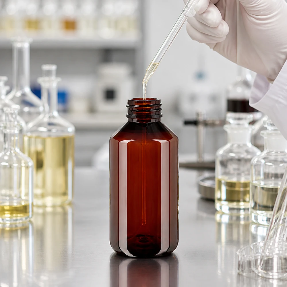 Hnědá PET láhev s ochranou proti světlu o objemu 750 ml s bílým bezpečnostním uzávěrem pro laboratorní použití