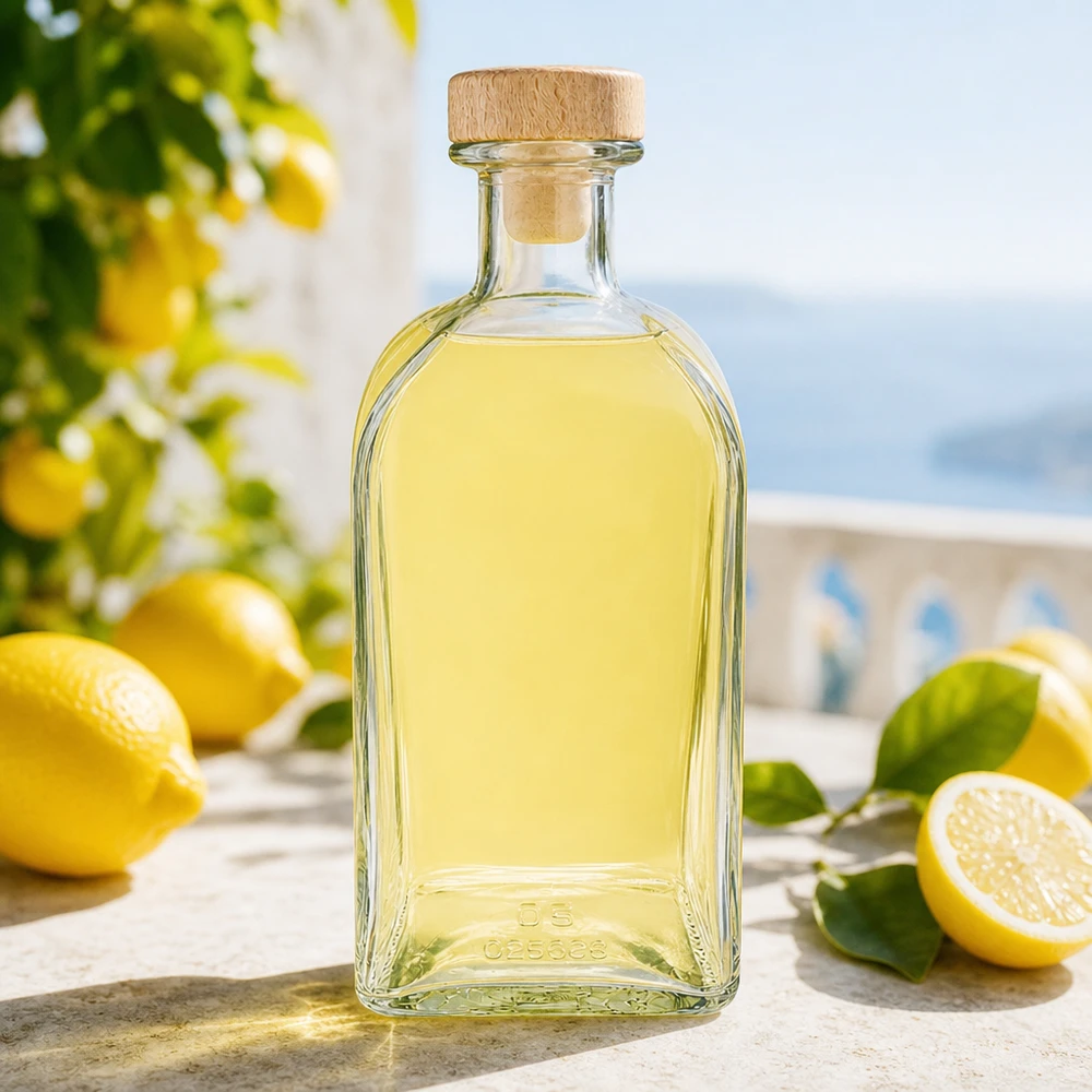 500ml Glasflasche Julia mit Holzkorken gefüllt mit Zitronenlikör in mediterraner Kulisse mit frischen Zitronen
