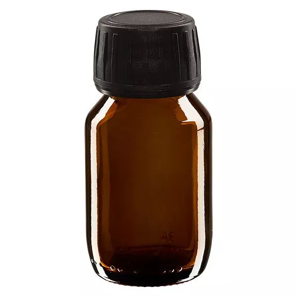 50ml lahvička na léky hnědá, uzávěr černý s kroužkem proti neoprávněné manipulaci ApoGlas.
