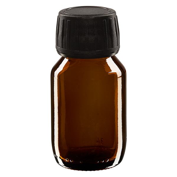 50ml lahvička na léky hnědá, uzávěr černý s kroužkem proti neoprávněné manipulaci ApoGlas. 50ml lahvička na léky hnědá, uzávěr černý s kroužkem proti neoprávněné manipulaci ApoGlas.