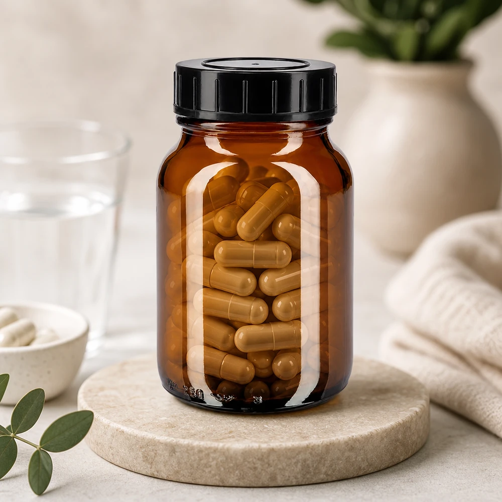 250ml láhev se širokým hrdlem jantarové sklo se šroubovacím uzávěrem. Premium Weithalsglas 250ml bernsteinfarben mit stabilem Verschluss für Nahrungsergänzung