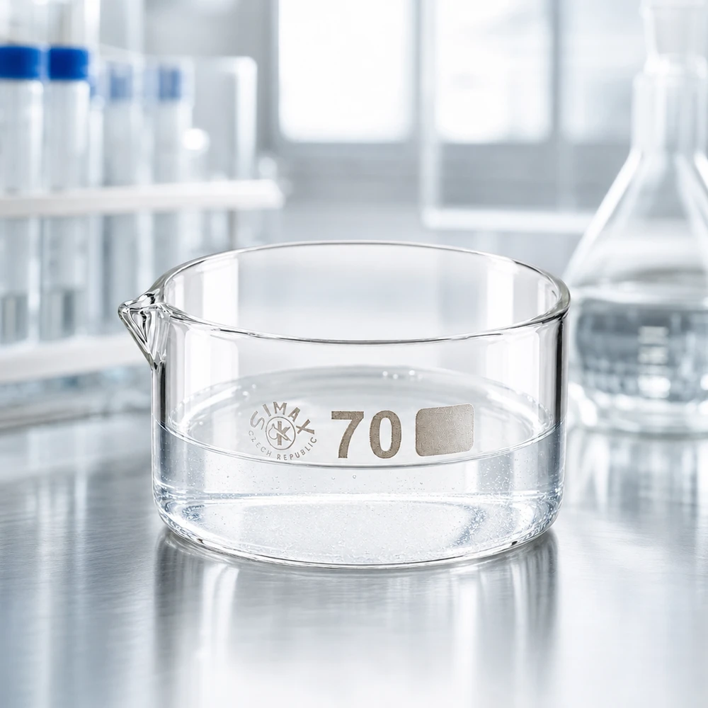 Hochtemperaturbeständige Laborschale 100ml aus klarem Borosilikatglas mit Reagenzgläsern im Hintergrund