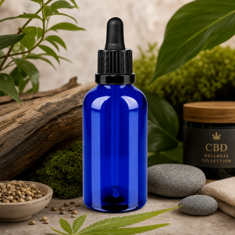 50ml pipetovací láhev černá s tamper-evidentním uzávěrem BlueLine UT18/50 Stilvolle blaue Tropfflasche 50ml mit schwarzer Gummikappe für hygienische Aufbewahrung