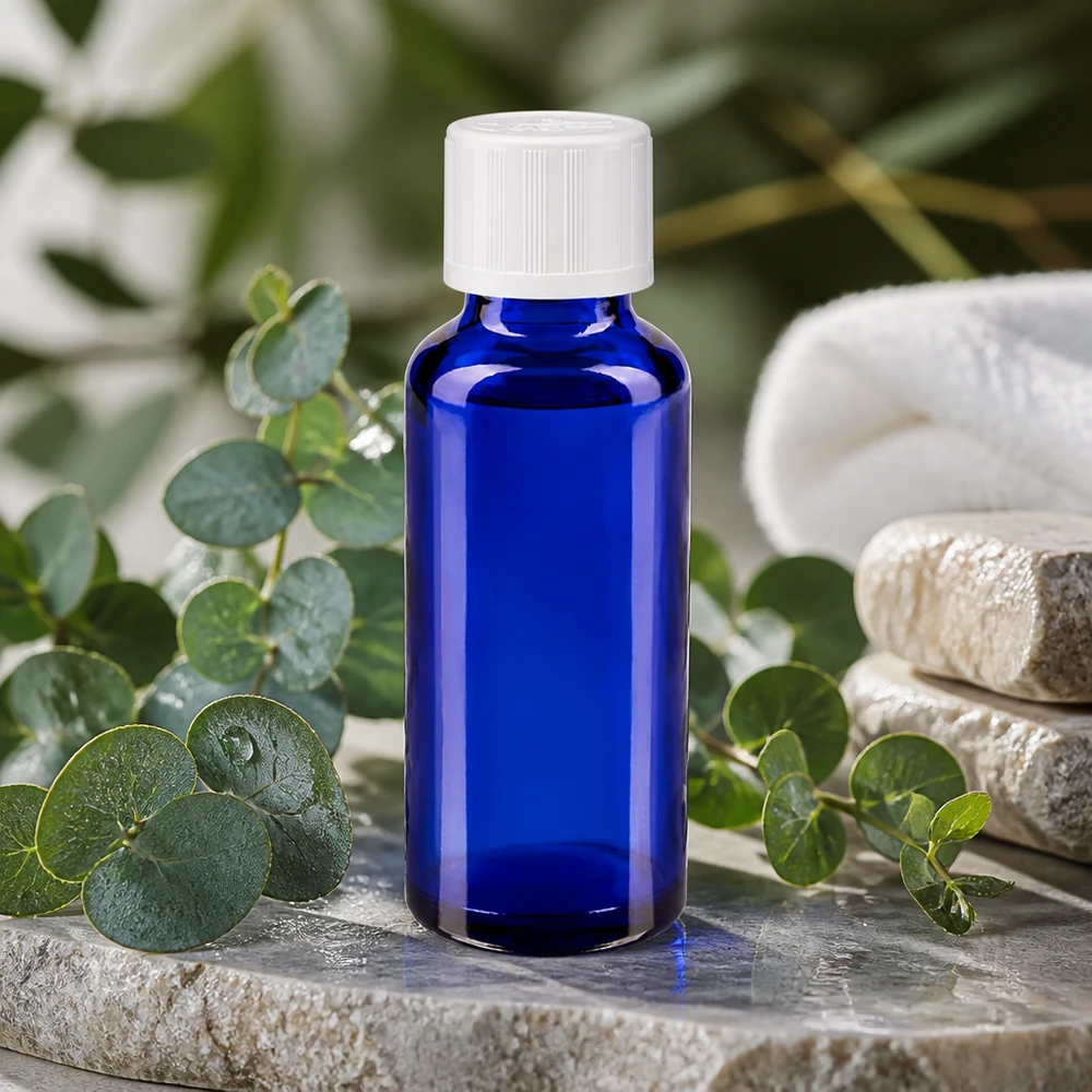 Zylindrische Apothekerflasche Blauglas 30ml mit weißem Sicherheitsdeckel auf Marmorstein