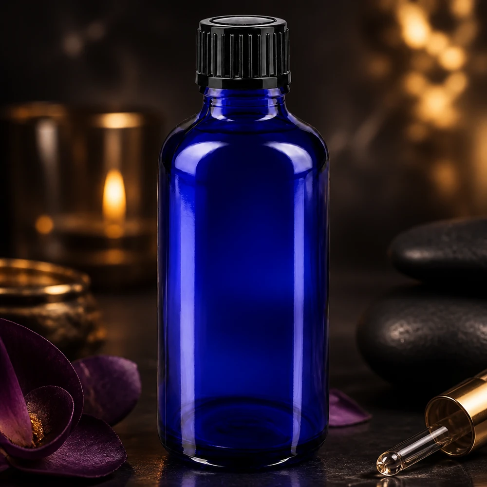 Lékárenská láhev modrá 50ml šroubovací uzávěr černý standard. Royalblaue Glasflasche 50ml für ätherische Öle mit schwarzem 11mm Schraubverschluss