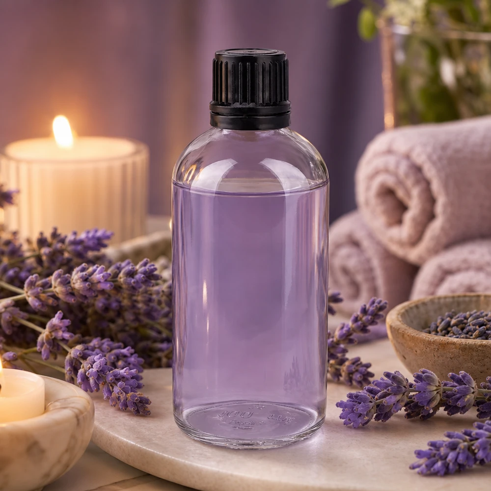 100ml globulová láhev 3mm nalévací kroužek černý standardní uzávěr ClearLine UT18/1 Schlanke Apothekerflasche 100ml aus Klarglas mit schwarzem Drehverschluss für Öle