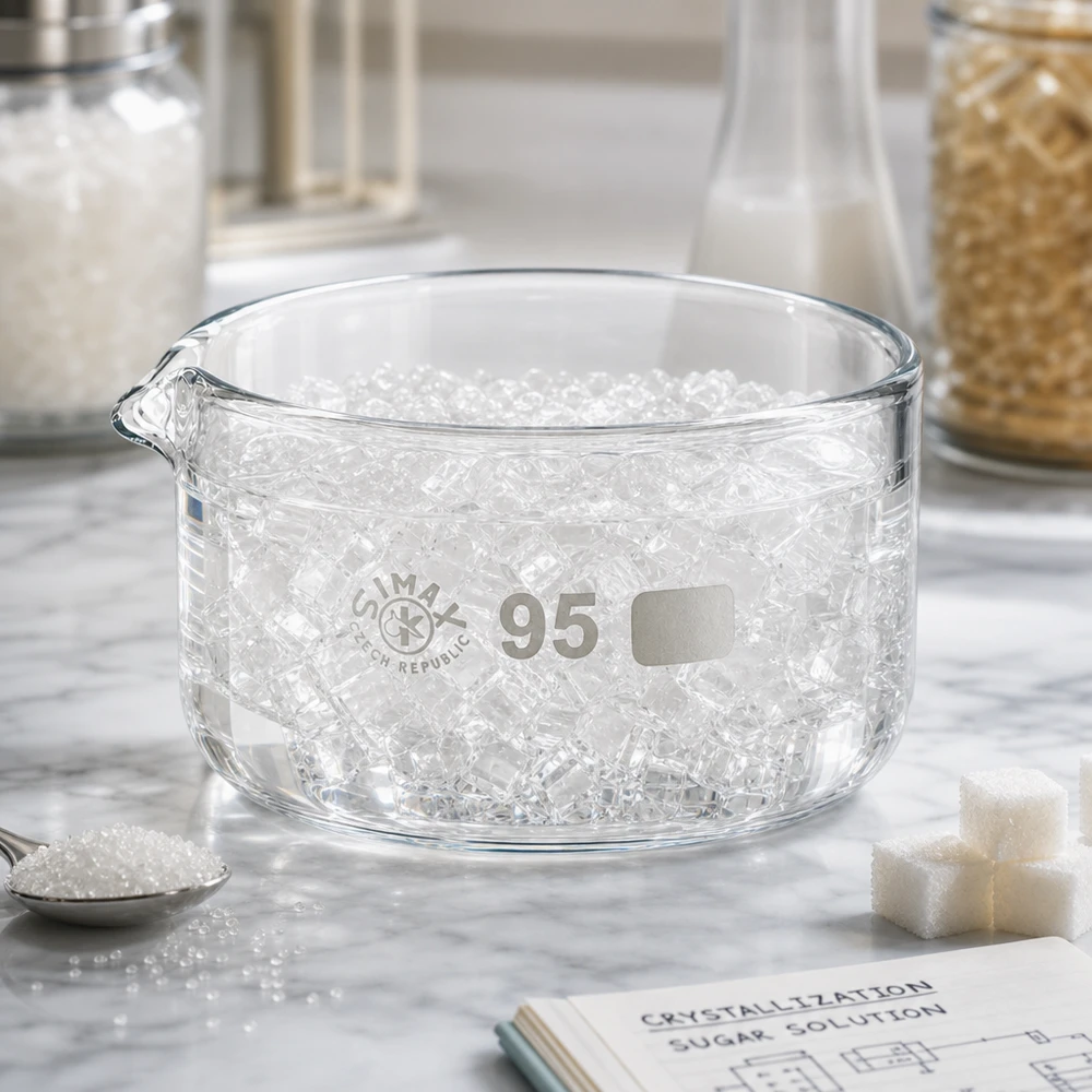 Kristallisierschale 300ml ø95mm transparentes Laborglas mit granuliertem Zucker Ausguss SIMAX