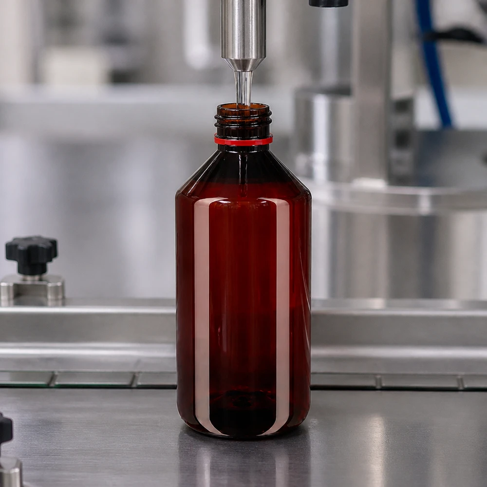 PET láhev 750ml s bílým/červeným uzávěrem s možností manipulace s ním. Automatické plnění hnědé PET láhve o objemu 750 ml s originálním červeným uzávěrem ve výrobním zařízení