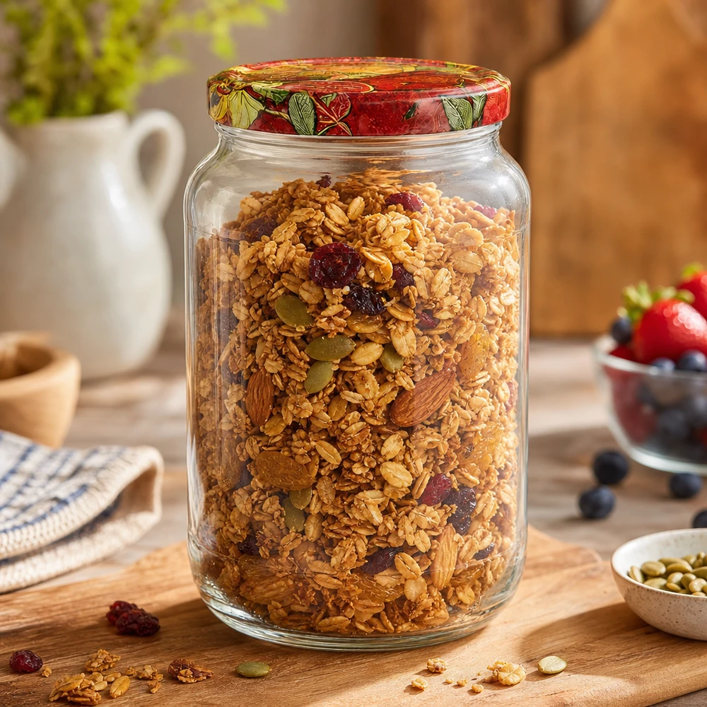 1062ml kulatá sklenice + víčko BasicSeal s dekorem ovoce UNiTWIST 1062ml Rundglas BasicSeal Deckel Obst-Dekor gefüllt mit Müsli Granola Nüsse Trockenfrüchte Frühstück Vorratsdose