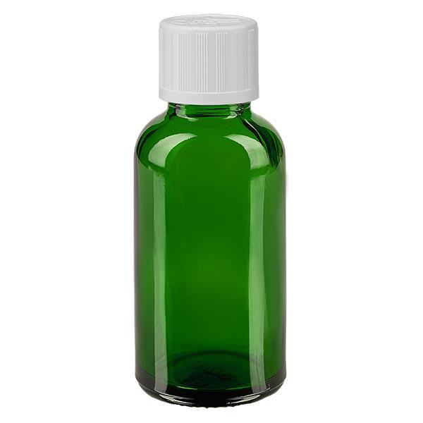 Lékárenská lahvička zelená 30ml kapátko uzávěr bílý dětská pojistka standardní