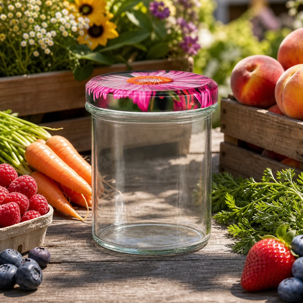350ml kelímky + víčko BasicSeal s květinovým dekorem UNiTwist 350ml Sturzglas mit rosa Gerbera BasicSeal Deckel umgeben von frischen Früchten Gemüse und Blumen Outdoor-Setting