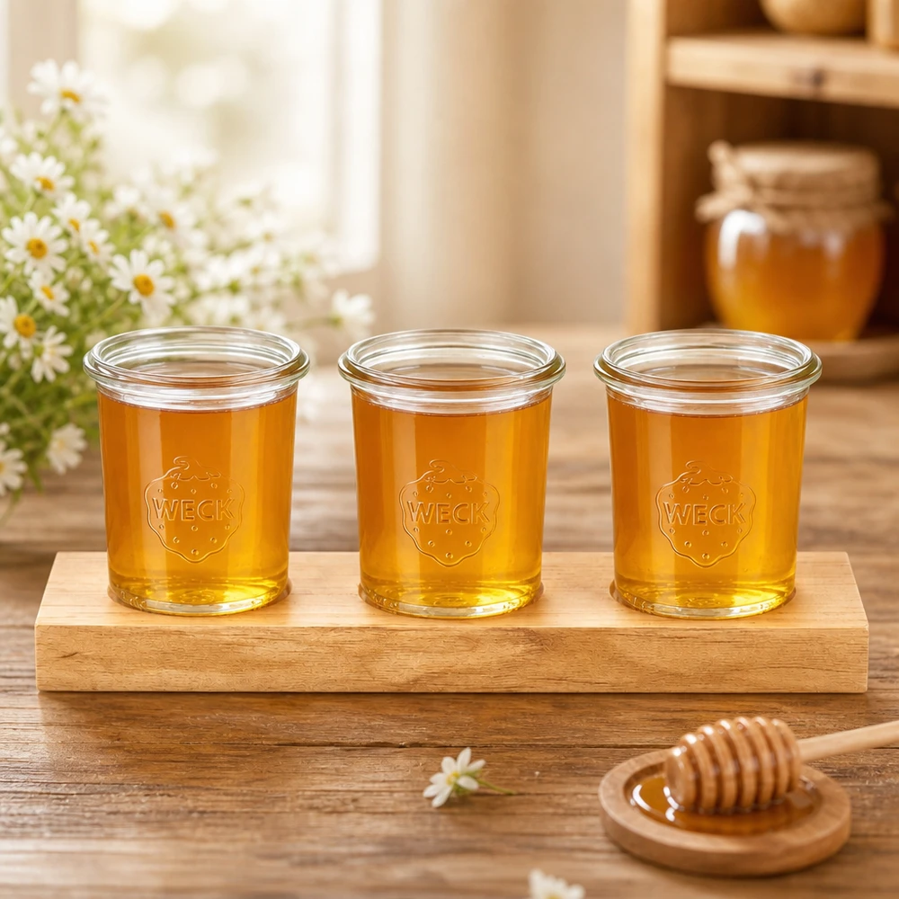 Servírovací prkénko Plano3 se 3 kelímky Weck 160 ml Drei Weck Sturzgläser 160ml mit goldenem Honig auf Servierbrett Plano3 neben Honiglöffel und Blütendeko