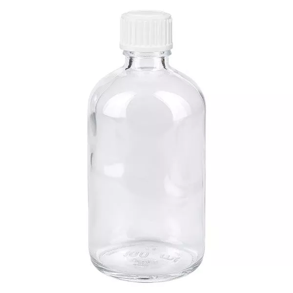 Lékárenská láhev čirá 100ml šroubovací uzávěr bílý globule standardní Lékárenská láhev čirá 100ml šroubovací uzávěr bílý globule standardní