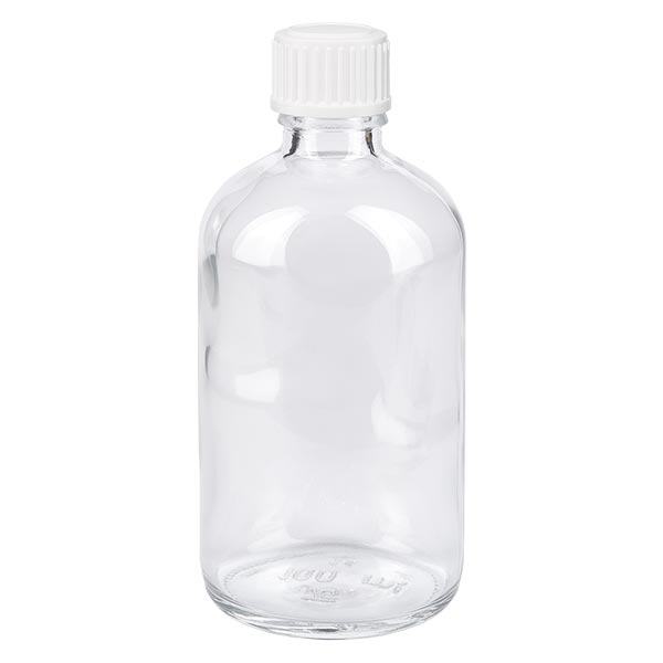 Lékárenská láhev čirá 100ml šroubovací uzávěr bílý globule standardní Lékárenská láhev čirá 100ml šroubovací uzávěr bílý globule standardní